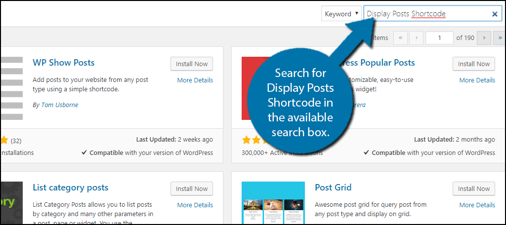Busque Display Posts Shortcode en el cuadro de búsqueda disponible.