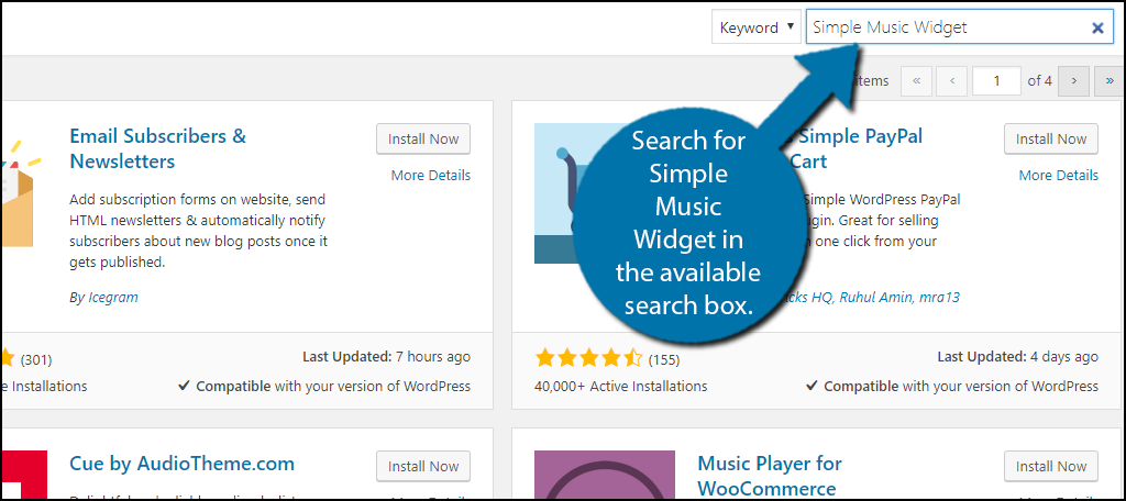 Search for Simple Music Widget in the available search box.