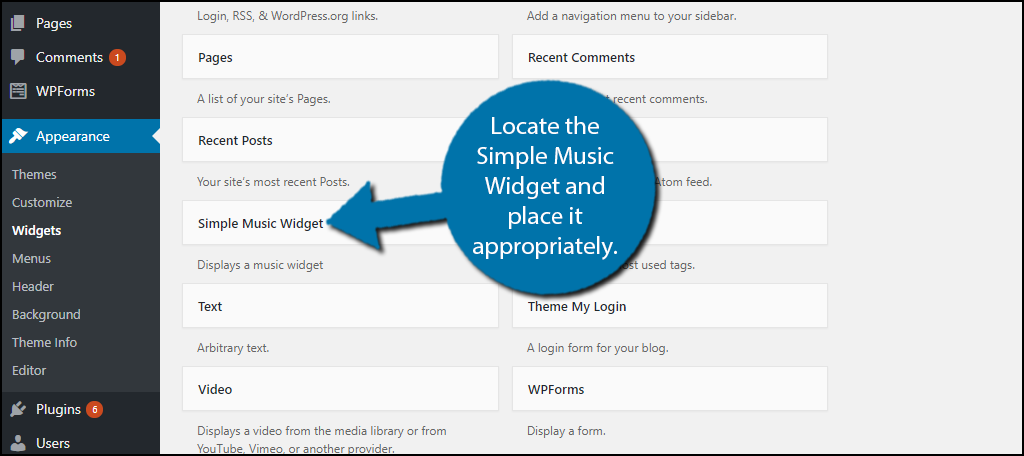 Locate the Simple Music Widget and place it appropriately.