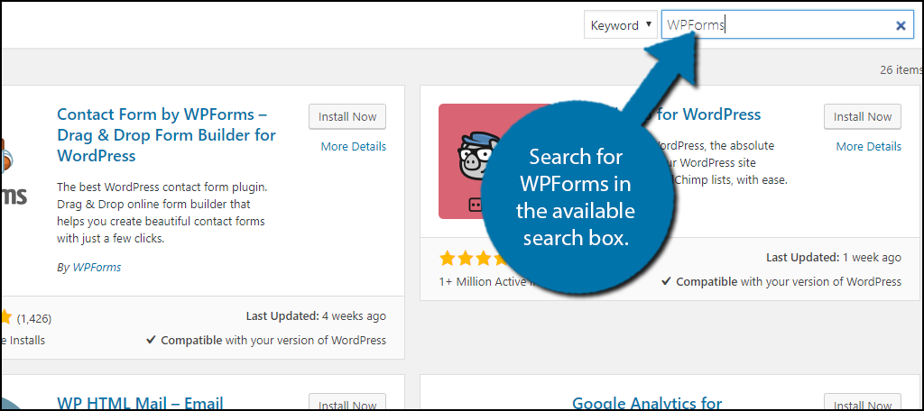 Search for WPForms in the available search box. 
