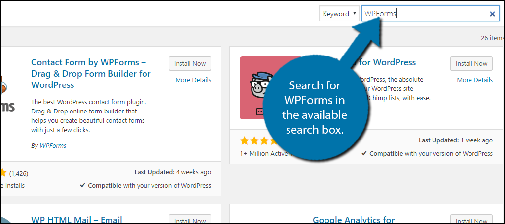 Busque WPForms en el cuadro de búsqueda disponible.