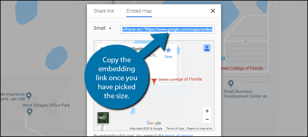 Copy the embedding link once you have picked the size.