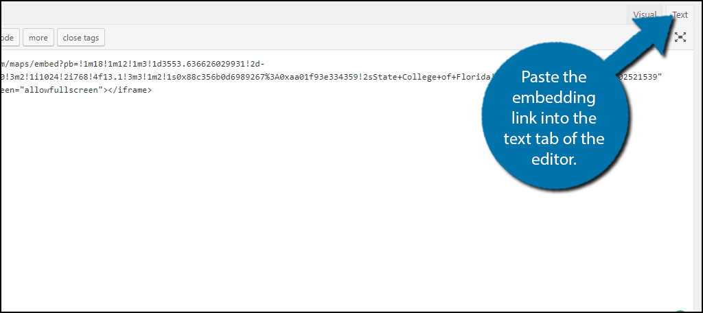 Paste the embedding link into the text tab of the editor.