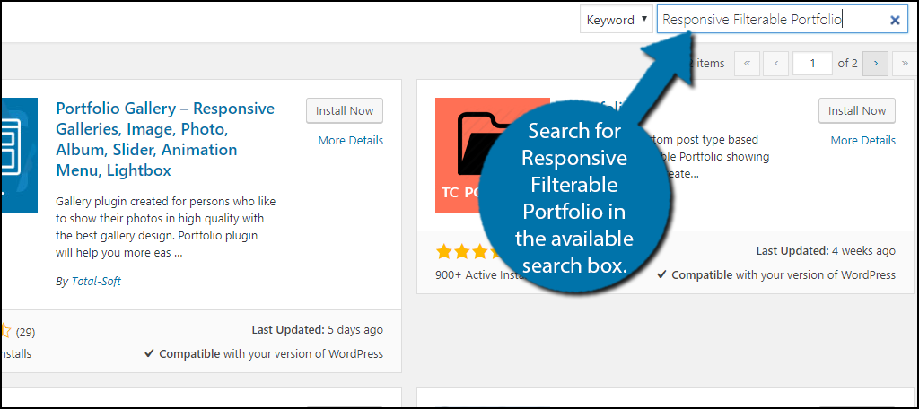 Search for Responsive Filterable Portfolio in the available search box.