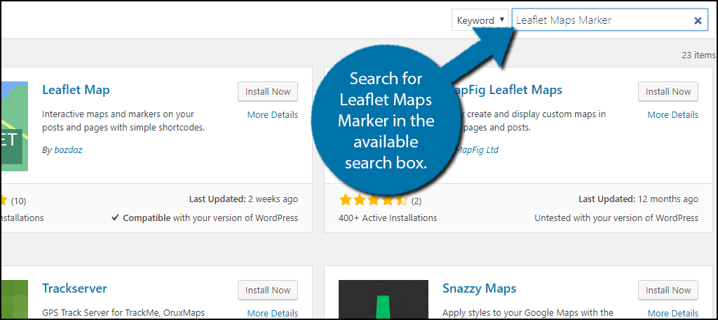 Search for Leaflet Maps Marker in the available search box.