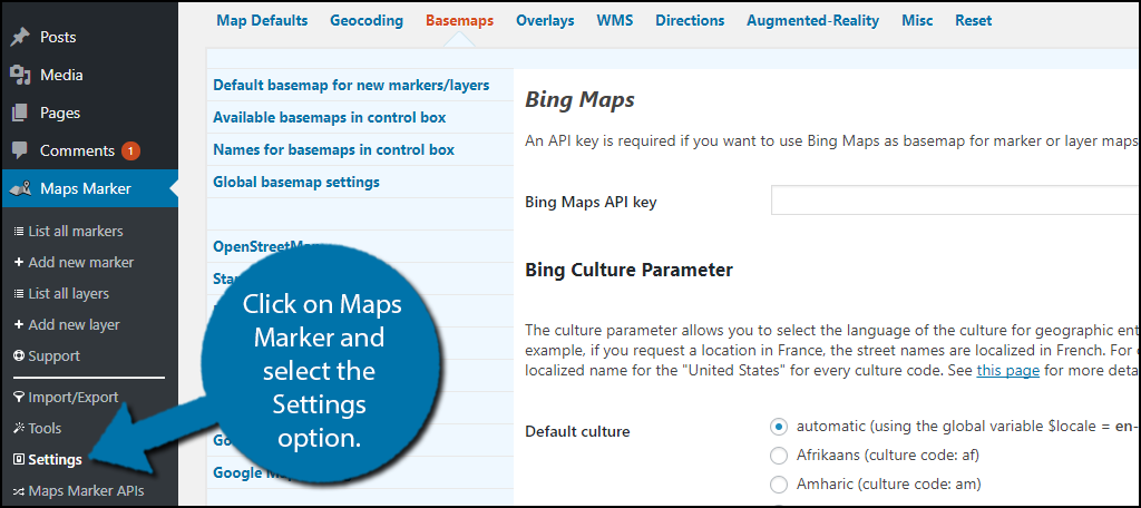 click on Maps Marker and select the Settings option.