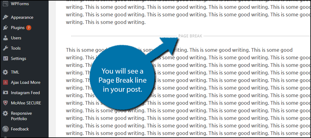 You will see a Page Break line in your post.