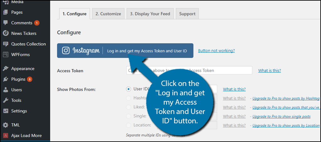 Click on the "Log in and get my Access Token and User ID" button