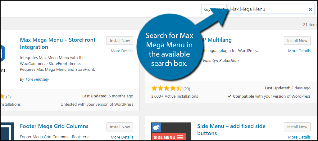 Search for Max Mega Menu in the available search box. 