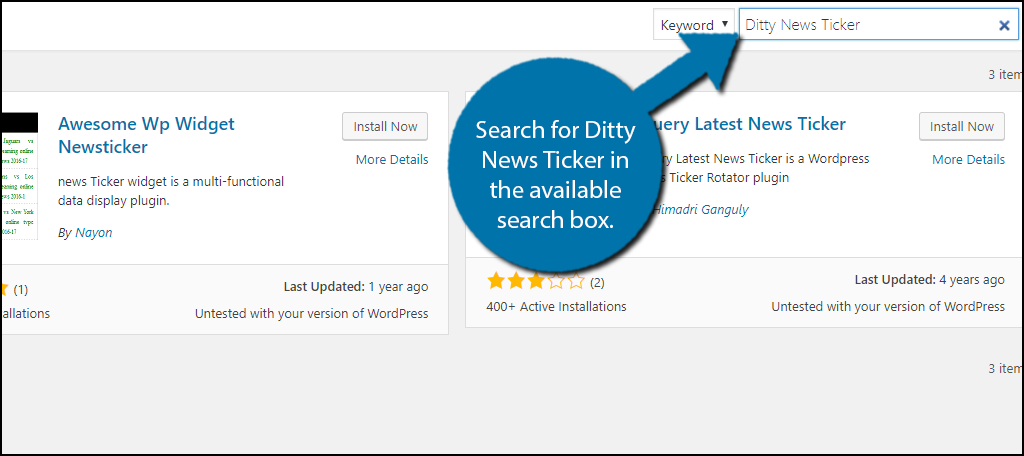 Search for Ditty News Ticker in the available search box.