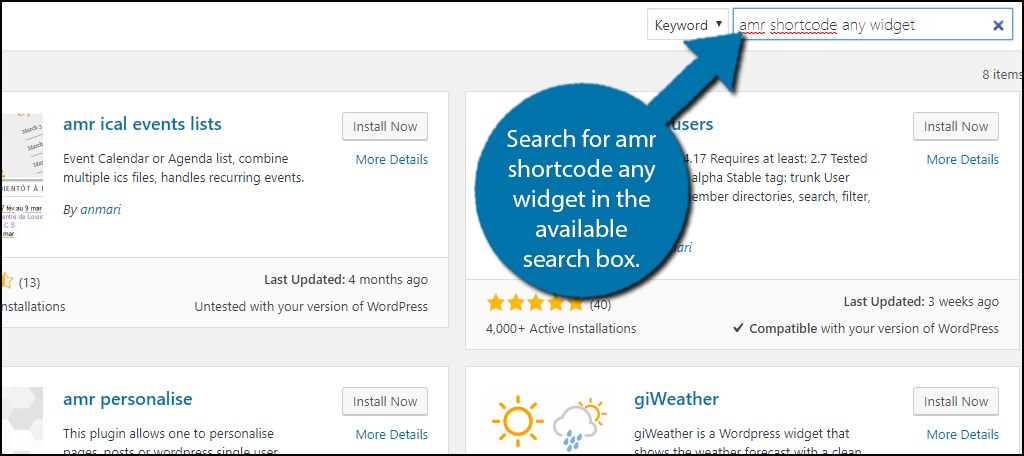 Search for amr shortcode any widget in the available search box.