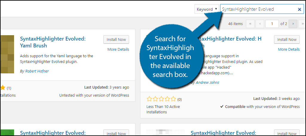 Busque SyntaxHighlighter Evolved en el cuadro de búsqueda disponible.
