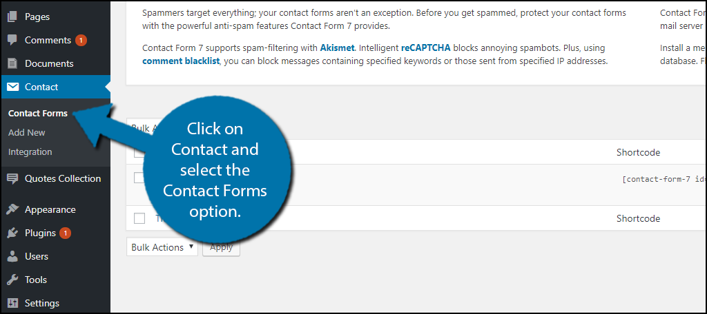 Click on Contact and select the Contact Forms option.