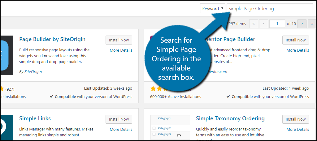 Search for Simple Page Ordering in the available search box.