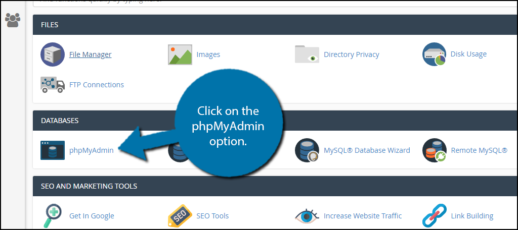 Click on the phpMyAdmin option.