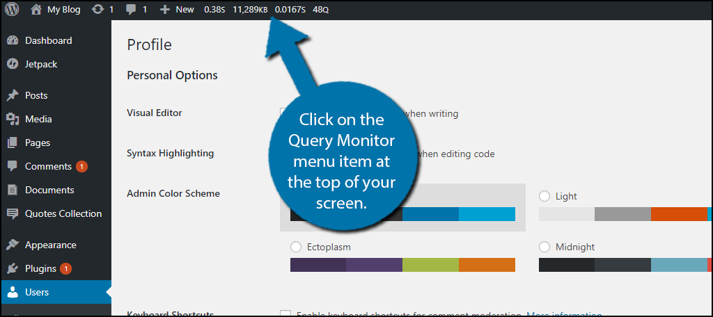 Click on the Query Monitor menu item at the top of your screen.