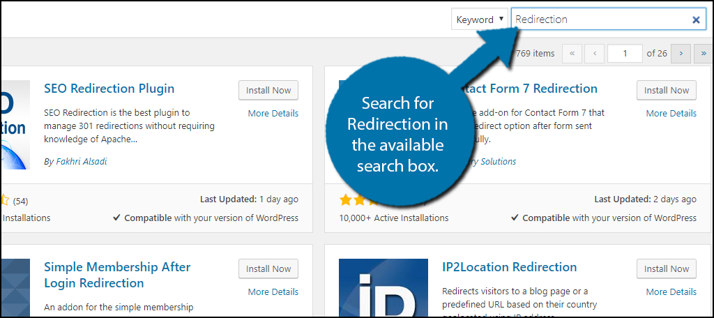 Search for Redirection in the available search box.