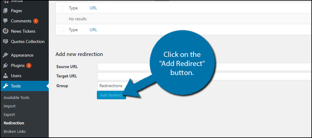 Click on the "Add Redirect" button.