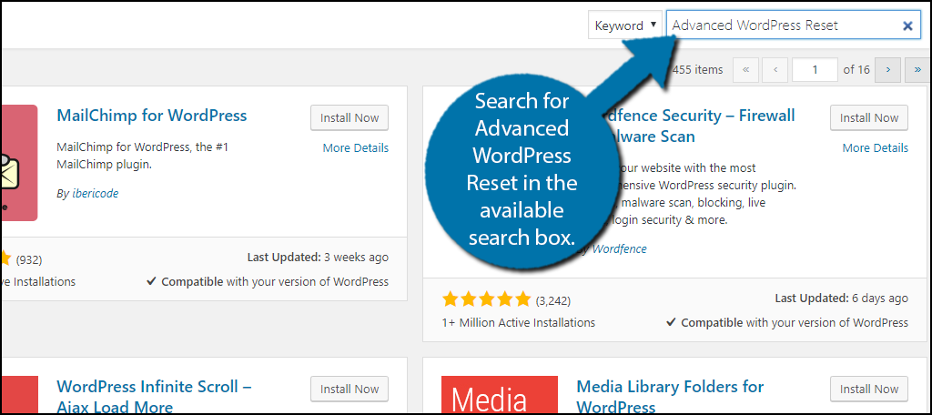 Search for Advanced WordPress Reset in the available search box.