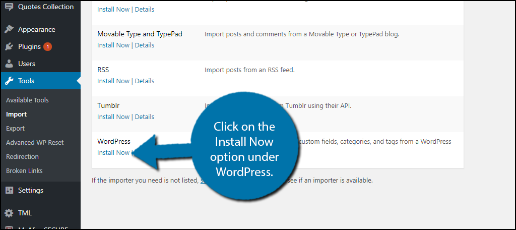 Click on the Install Now option under WordPress.