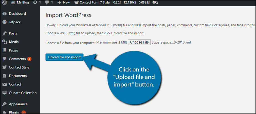 Click on the "Upload file and import" button.