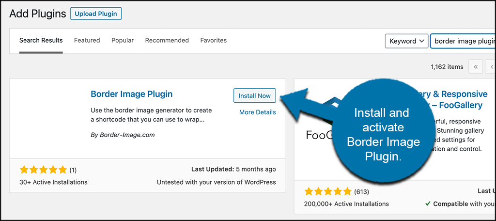 Install and activate border image borders in WordPress plugin