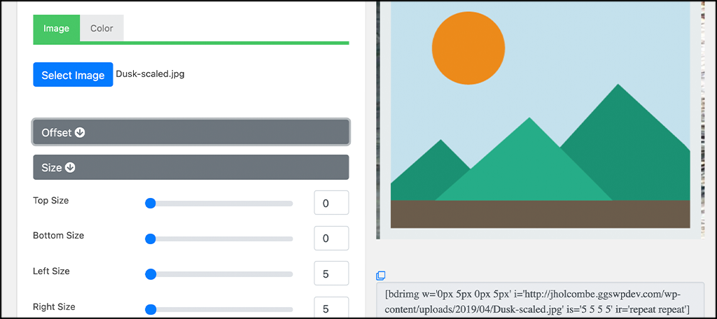 Size option for adding image borders to wordpress