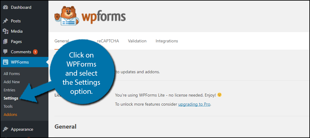 Click on WPForms and select the Settings option.