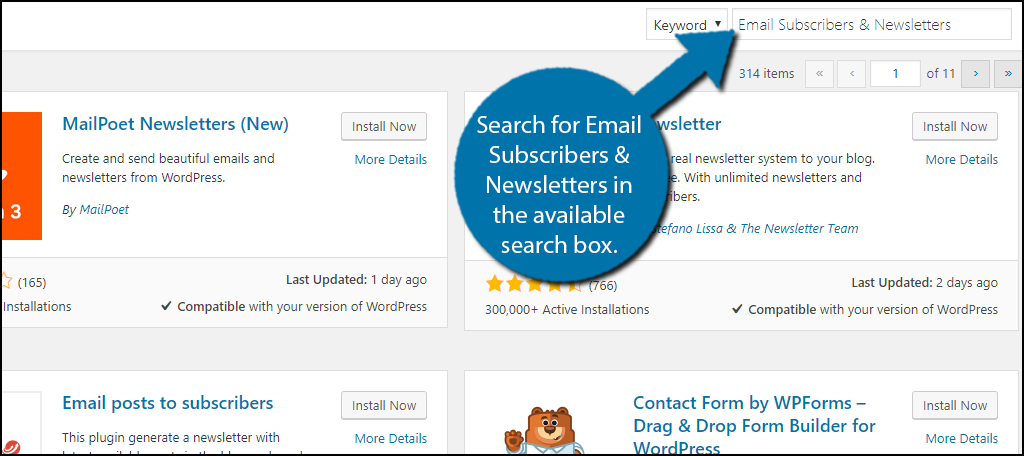 Search for Email Subscribers & Newsletters in the available search box.