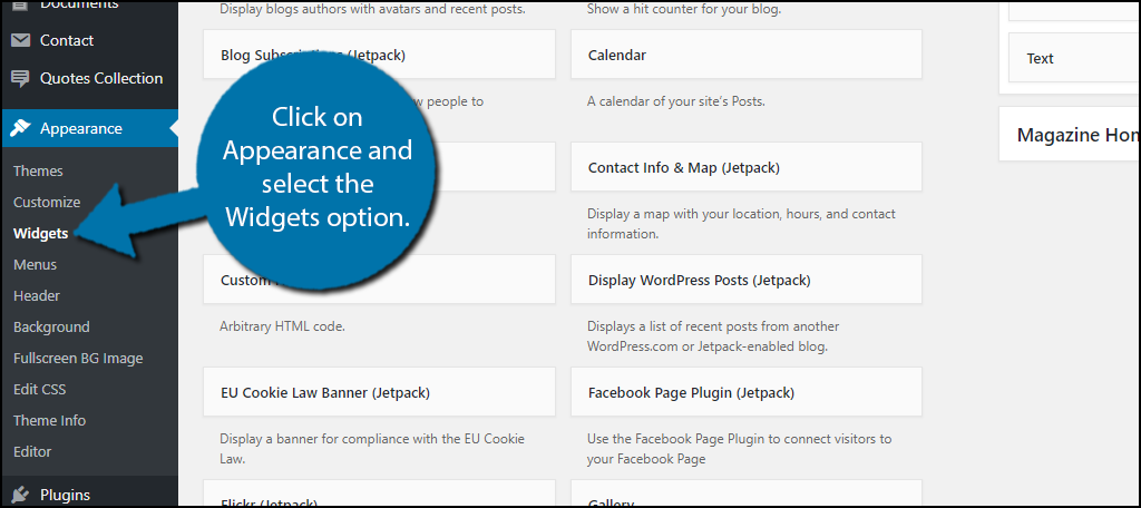 click on Appearance and select the Widgets option.