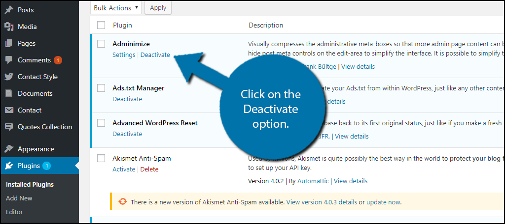 Click on the Deactivate option.