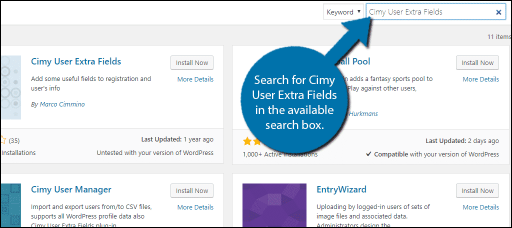 在可用的搜索框中搜索 Cimy 用户额外字段。 
