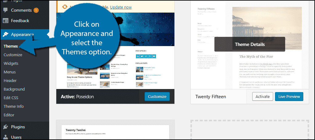 Click on Appearance and select the Themes option.