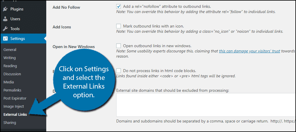 Click on Settings and select the External Links option.