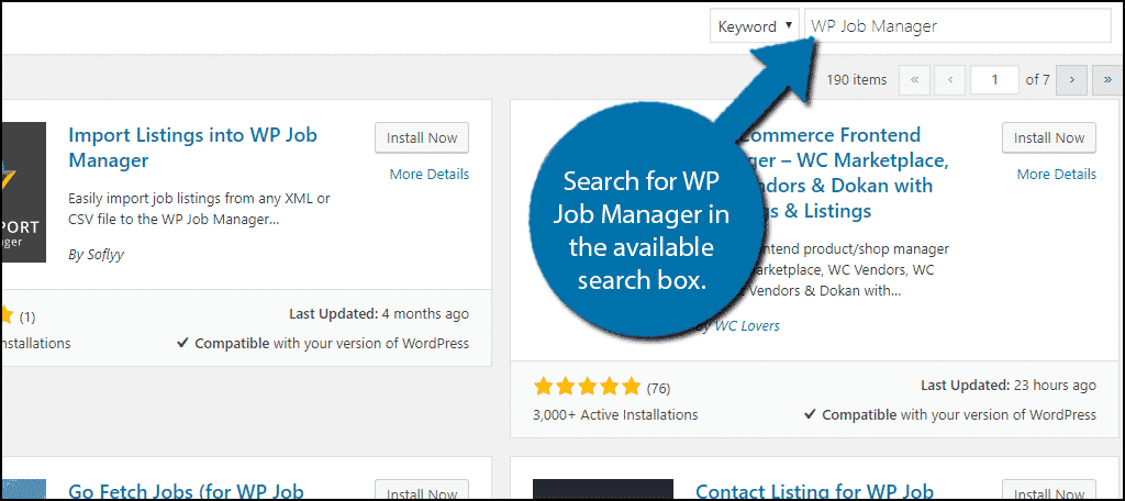 Busque WP Job Manager en el cuadro de búsqueda disponible.
