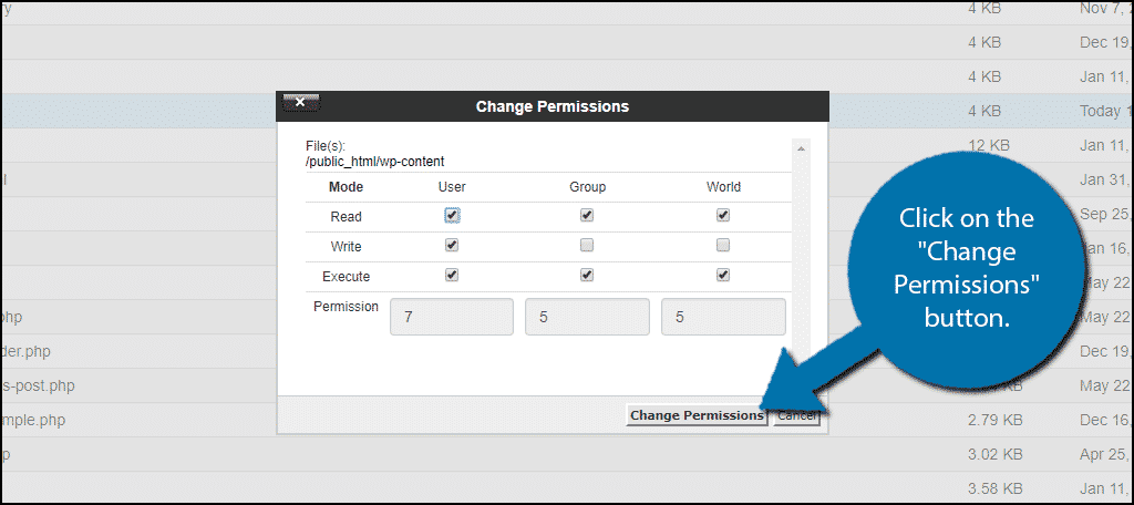 Change the permissions to fix the failed to open stream error in WordPress