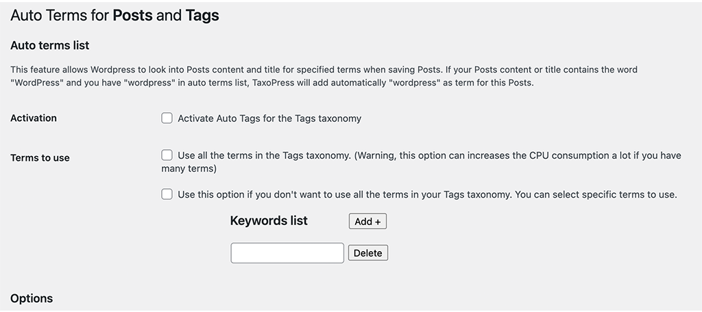 Auto terms configure page