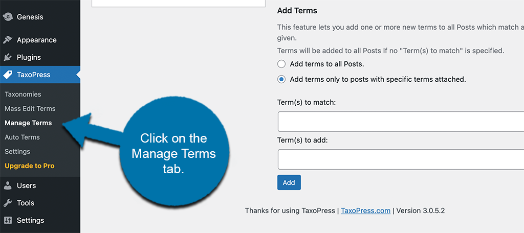 Click on manage terms to automatically tag posts