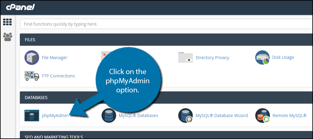 Click on the phpMyAdmin option.