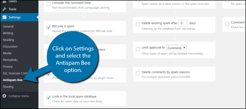 Click on Settings and select the Antispam Bee option.