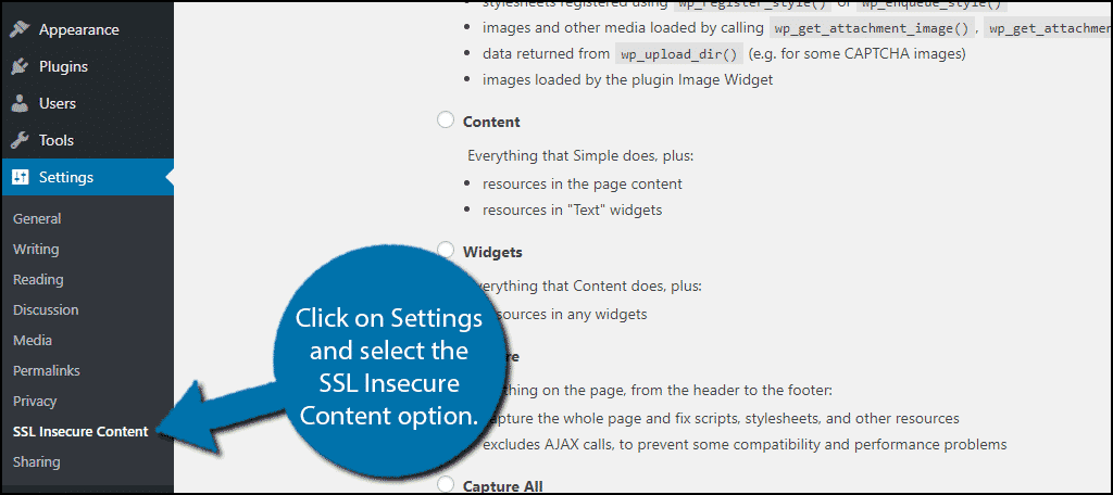 Click on Settings and select the SSL Insecure Content option.