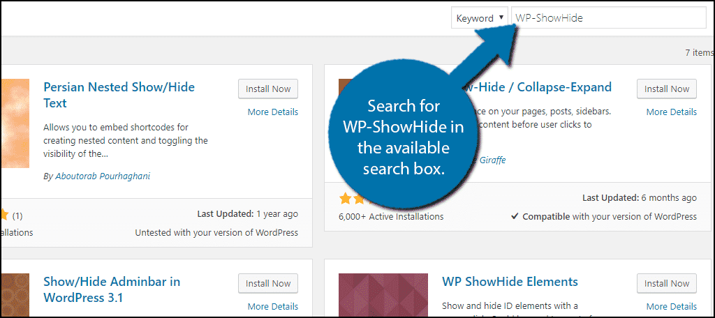 Search for WP-ShowHide in the available search box.