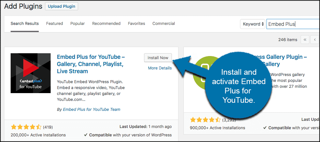 INstall and activate embed plus youtube plugin
