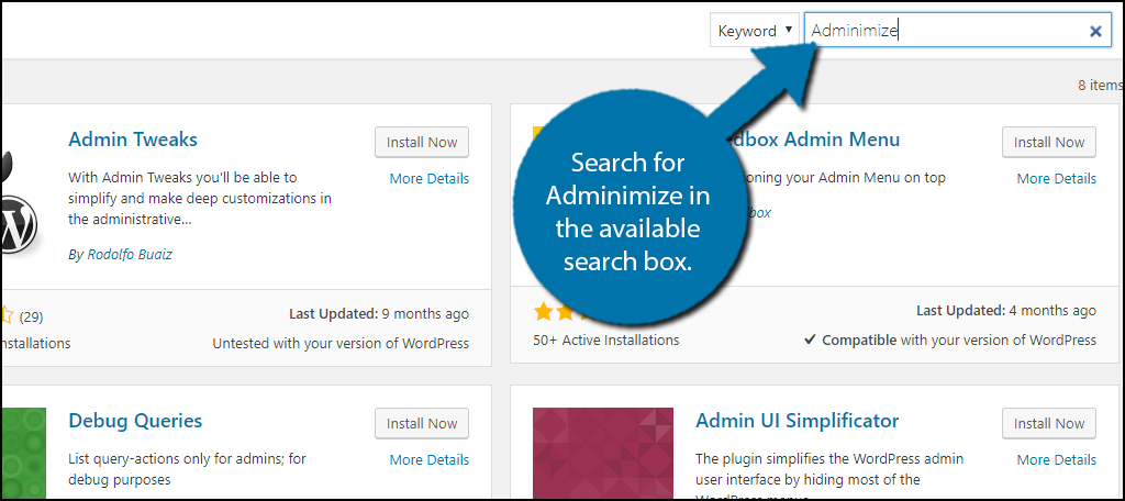 Search for Adminimize in the available search box.