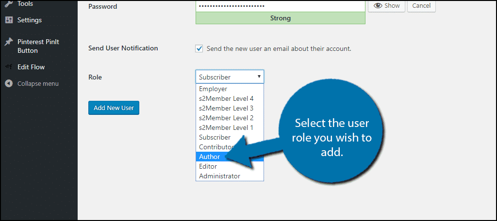 Select the user role you wish to add.