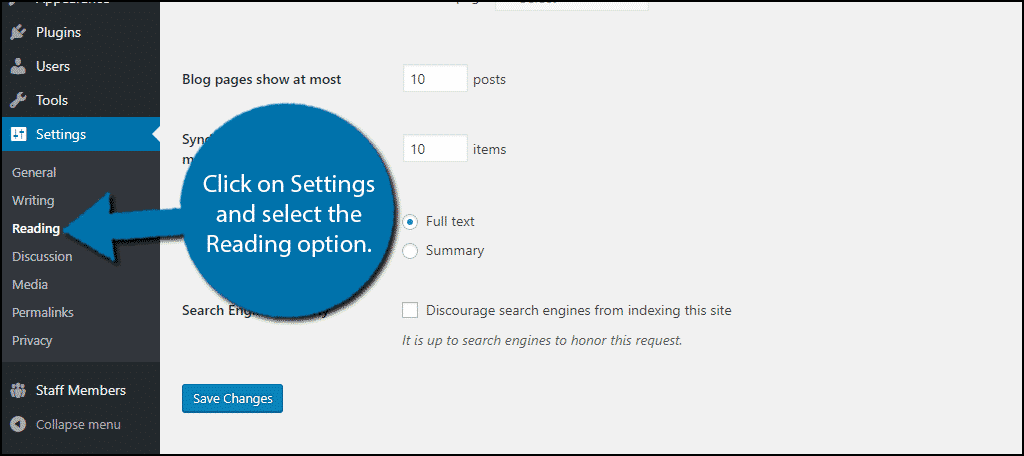 Click on Settings and select the Reading option.