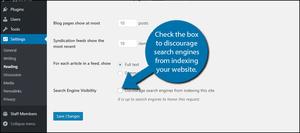 Check the box to discourage search engines from indexing your website.