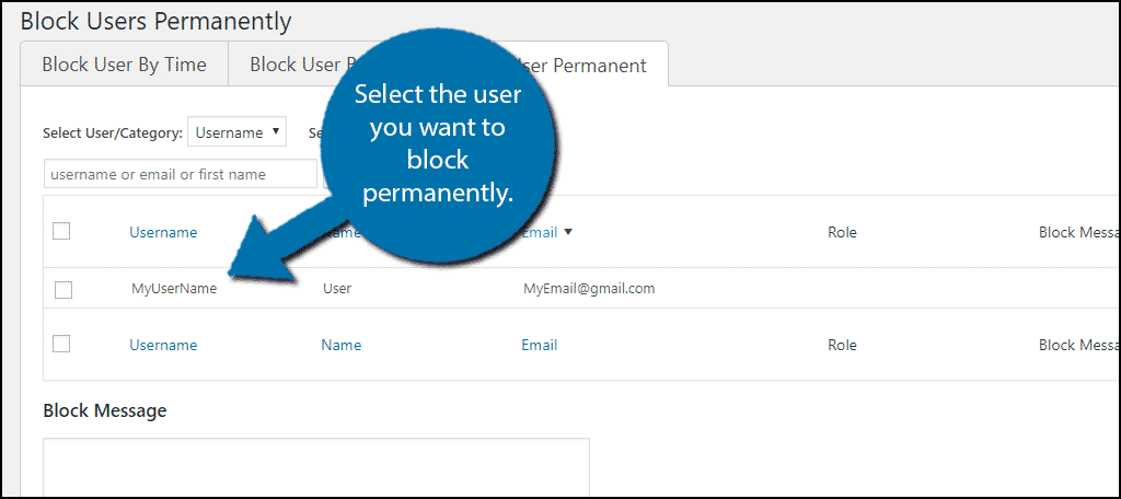 Select the user and click on the "Block User" button.