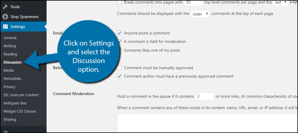 Click on Settings and select the Discussion option.