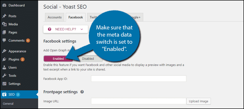 make sure that the "Add Open Graph meta data" switch is set to "Enabled".